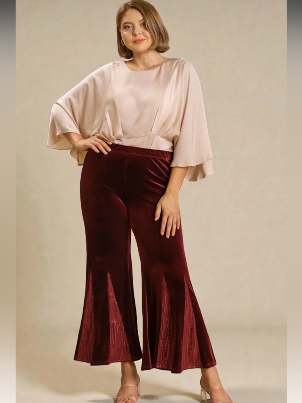 Umgee | Burgundy Velvet Flare Skirted Pants Sz XL
